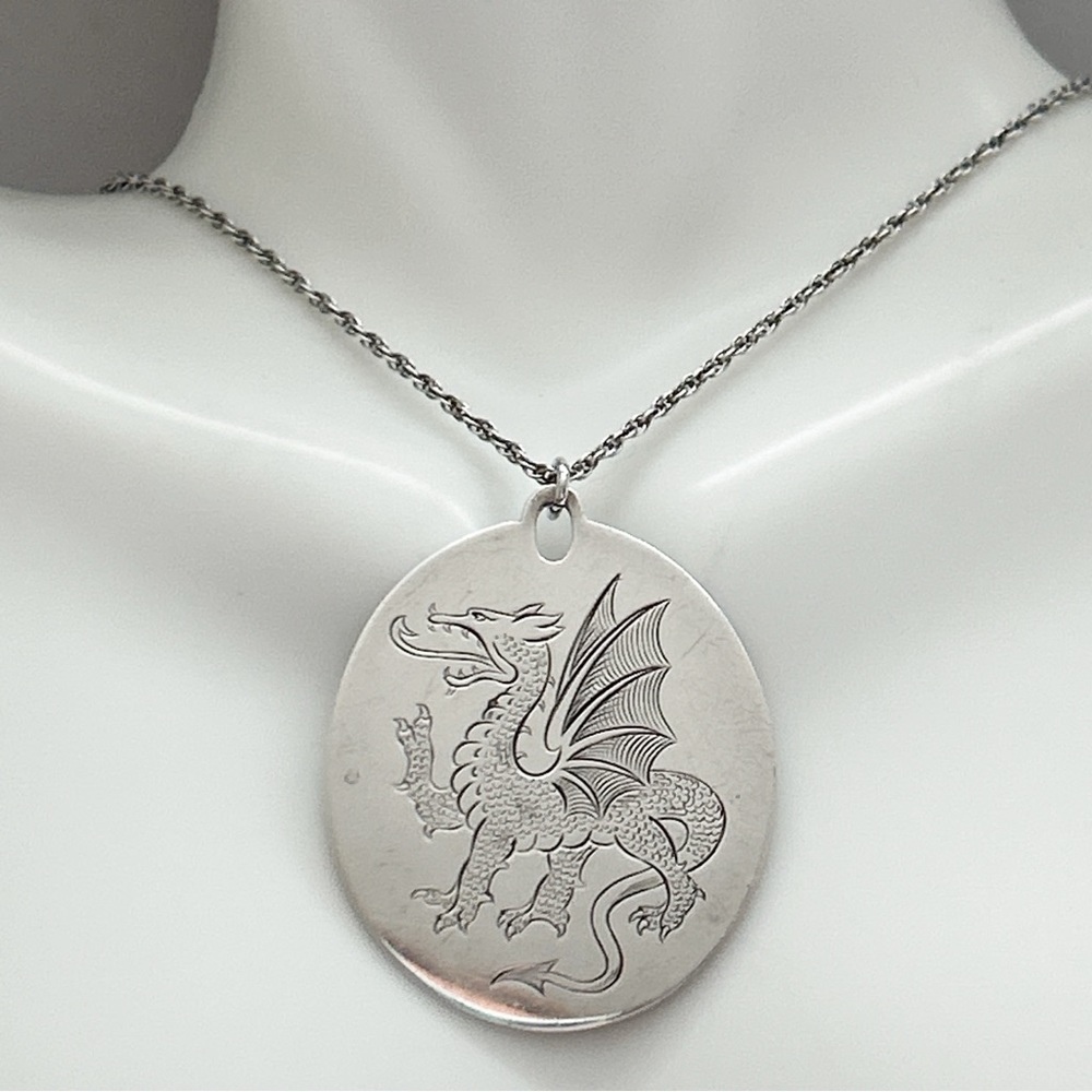 Statement Engraved Dragon Signed Sterling Silver … - image 1